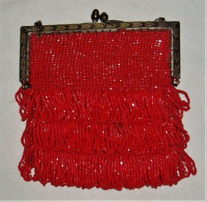 Antique Red Flapper Purse, Micro-Beads, Vine Design
