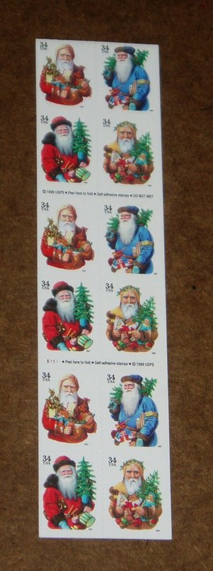 Mint 34c Stamp Sheet, Santas, Scott Catalog #3540d, 20 Stamps