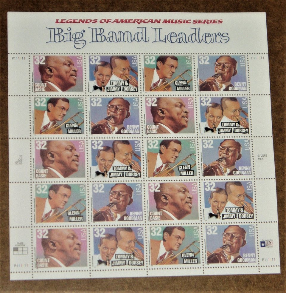 Mint 32c Stamp Sheet, Big Band Leaders, Scott Catalog #3096-99