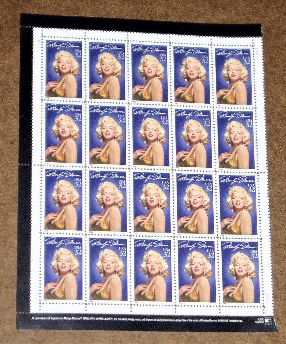 Mint 32c Partial Stamp Sheet, Marilyn Monroe, Scott Catalog #2967, 20 Stamps