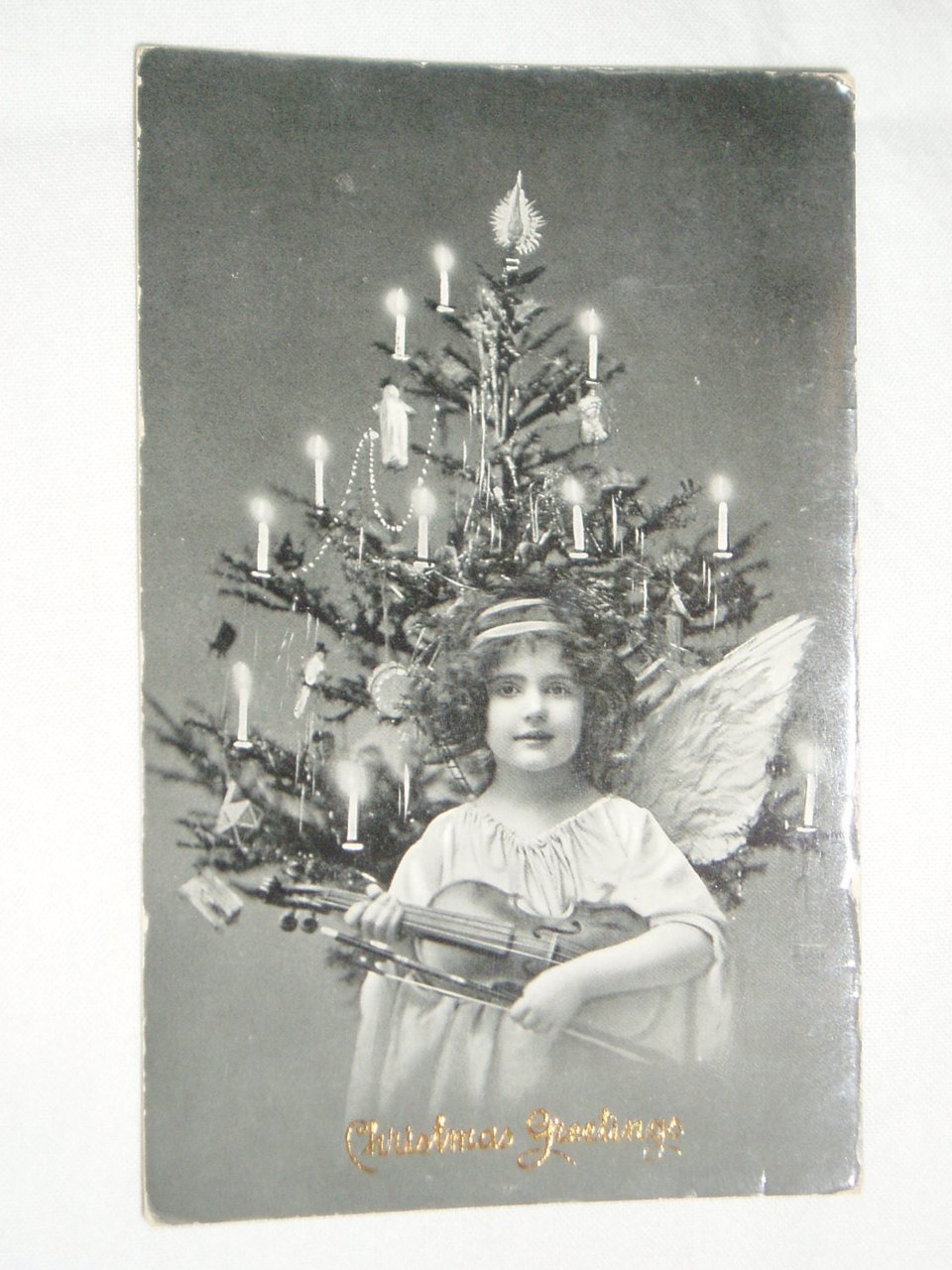 Postcard, RPPC, Real Photo Child Angel, Violin, and Candle Tree, 1914