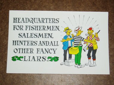 Humorous Fishing Postcard, "Headquarters for Fishermen, Hunters, Salesmen, Liars"
