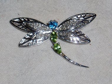 Pin Brooch, Dragonfly, Sterling Silver and Rhinestones