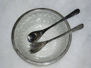 English Salad Bowl, Lead Crystal with Silver Plate Utensils