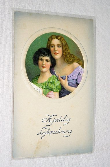Antique Postcard, Norwegian Greeting, Woman and Daughter