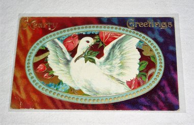 Antique Postcard, Salesman's Sample, Hearty Greetings, Dove & Roses