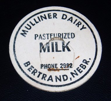Milk Bottle Lids x 2, Mulliner Dairy, Bertrand Nebraska, Antique