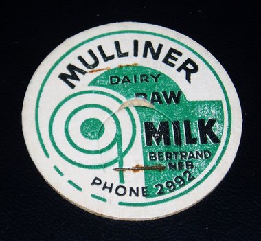 Milk Bottle Lids x 2, Mulliner Dairy, Bertrand Nebraska, Antique