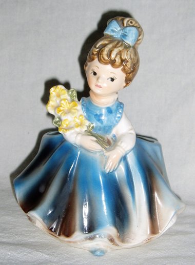 Napcoware Figurine Planter, Blue Dress Girl With Flowers, #C-8548