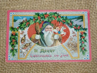 Santa Postcard, Purple Hat Green Robe, Brown Sleeves