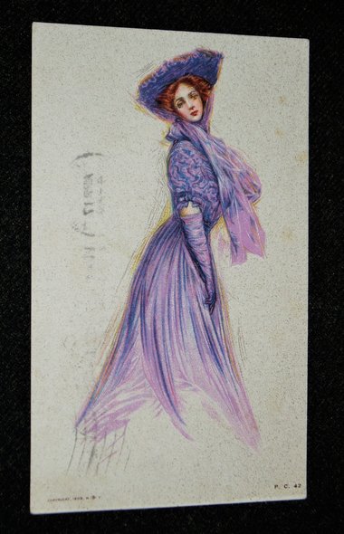 Antique Postcard, Pretty Woman, Purple Dress, 2nd Card Ships Free