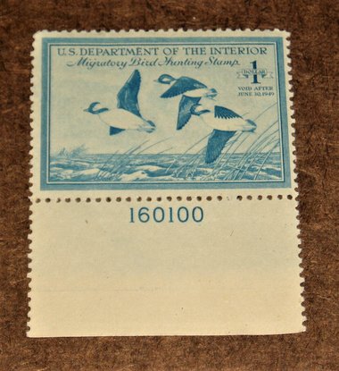 Duck Hunting Stamp, 1948-49, Plate Number Single Scott Catalog #RW15, Free USA Shipping
