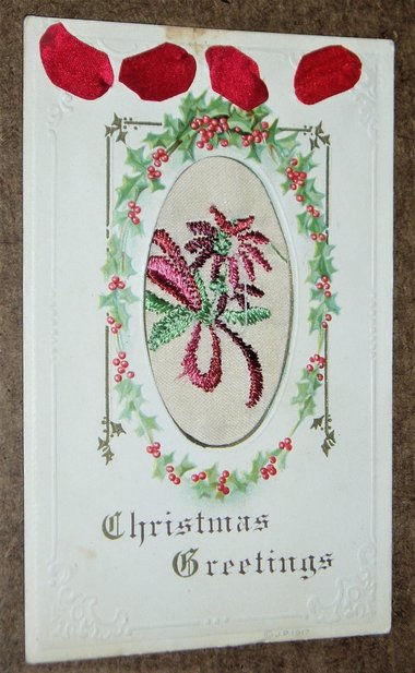 Antique Postcard, Christmas Embroidered Ribbon