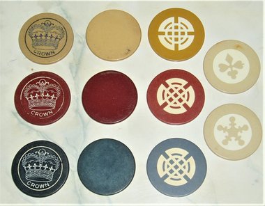 Vintage Poker Chips, 11 Different, Crown, Four Suits, Snowflake, Quartered Circles, Plain