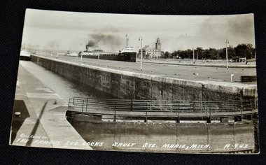 RPPC Famous Soo Locks, Sault Ste Marie, Steamer J. E. Upson, Great Lakes Freighter, Free USA Shipping