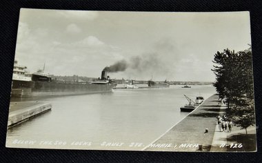 RPPC Below the Soo Locks, Sault Ste Marie, 2 Steamer Great Lakes Freighters Free USA Shipping