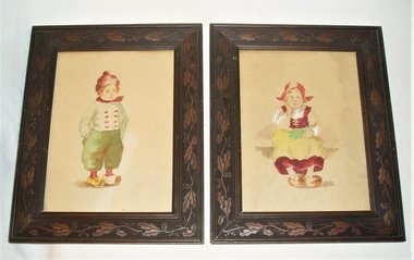 Antique Watercolors, Dutch Boy & Girl, Oak Leaf Frames