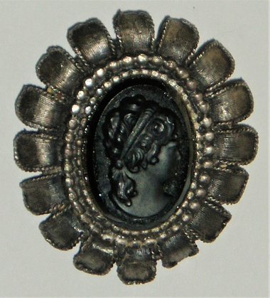 Victorian Mourning Brooch Cameo, Pewter and Black Glass (French Jet?)