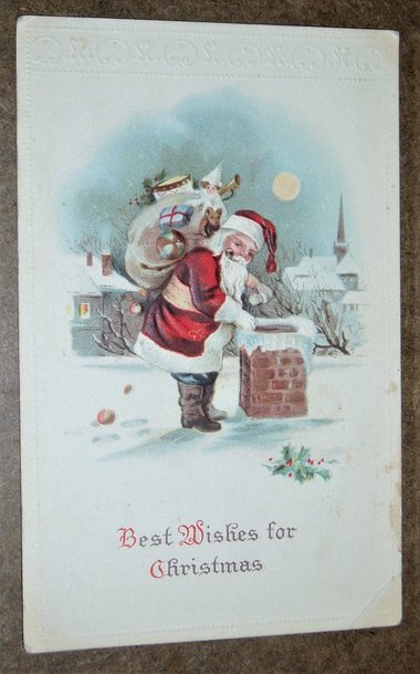 Antique Postcard, Santa Standing by Chimney with Toys, Additional Cards Ship Free