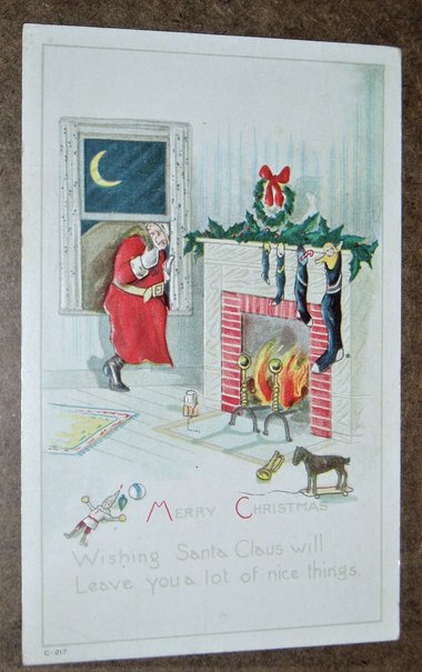 Antique Postcard, Santa Climbing in Window, Additional Cards Ship Free