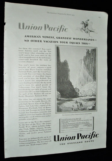 Full Page Advertisement, 1929 Magazine, Union Pacific Railroad, Tourism
