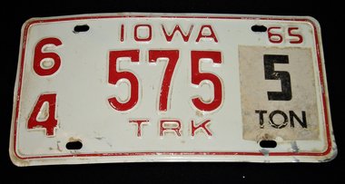 Iowa License Plate, 1965, 5-Ton Truck