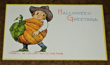 Halloween Postcard, Gibson Art, Boy Carrying Pumpkin