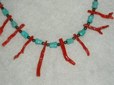 Handmade Necklace, Sterling Silver, Turquoise, Red Long Branch Coral