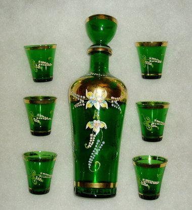 Vintage Decanter Shot Glass Drinking Set, Italian Enameled Gilded Glass