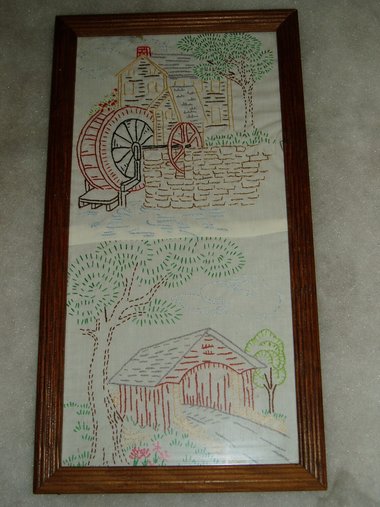 Vintage Embroidery Pictures, Old Mill and Covered Bridge