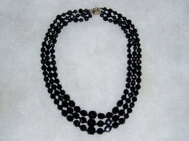Vintage Faceted Black Glass 3-Strand Necklace and Ring Set