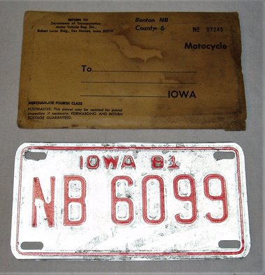 License Plate Motorcycle, Iowa 1981 Unused