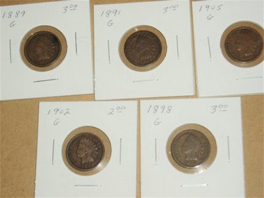 Indian Head Pennies, 5 Different Dates, Grade = Good, Group #1