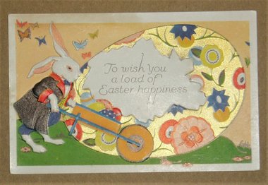 Easter Postcard, Rabbit Pushing Wheelbarrow