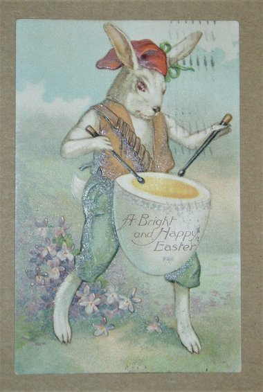 Easter Postcard, Rabbit Pushing Wheelbarrow