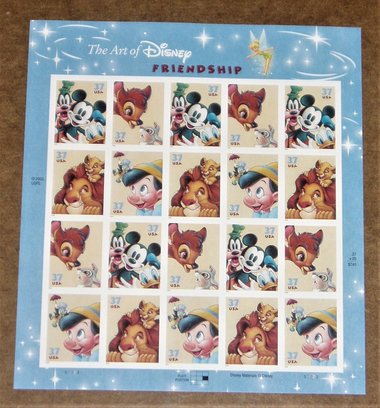 Mint 37c Stamp Sheet, The Art of Disney: Friendship , Scott Catalog #3865-68, 20 Stamps, VF NH