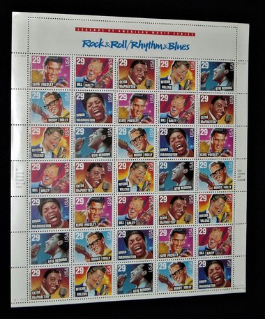 Mint 29c Stamp Sheet, Rock & Roll/ Rhythm  Blues, Scott Catalog #2724-30, 35 Stamps