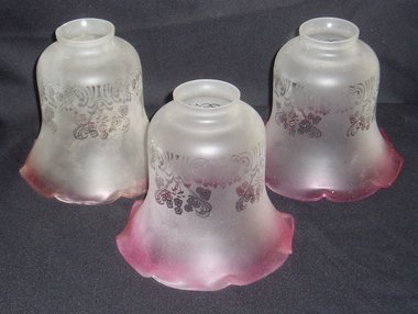 Antique Lamp Shades, Victorian - Edwardian, White Floral Etched Ruffled With Pink Accenting