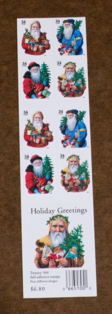 Mint 34c Stamp Sheet, Santas, Scott Catalog #3540d, 20 Stamps