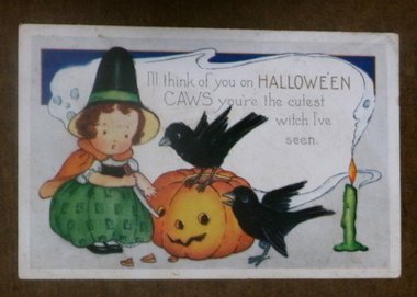 Halloween Postcard, Whitney, Little Witch Carving Pumpkin
