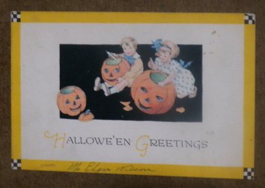 Halloween Postcard, Gibson Art, Children Carving Pumpkings