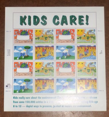 Mint 32c Stamp Sheet, Earth Day Kids Care, Scott Catalog #2951-54, 16 Stamps