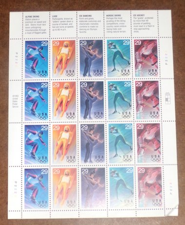 Mint 29c Stamp Sheet, Winter Olympics, Scott Catalog #2807-11, 20 Stamps