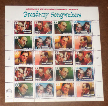Mint 33c Stamp Sheet, Broadway Songwriters, Scott Catalog #3345-50, 20 Stamps