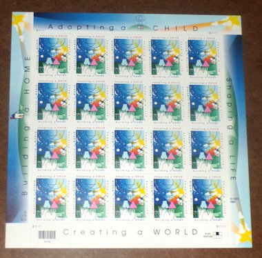 Mint 33c Stamp Sheet, Adoption, Scott Catalog #3398, 20 Stamps
