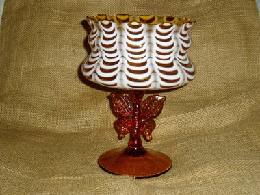 Nailsea Butterfly Compote, Amber Glass with White, Victorian