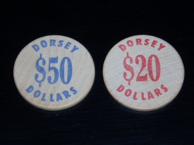 Vintage Wood Nickel, Dorsey 20.00 and 50.00 Dollars, Lincoln Nebraska