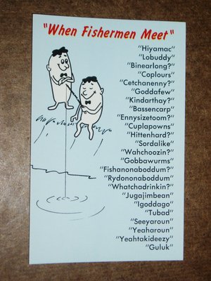 Humorous Fishing Postcard, "When Fishermen Meet"