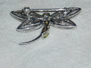 Pin Brooch, Dragonfly, Sterling Silver and Rhinestones