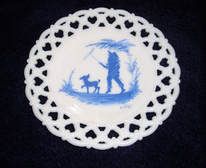 The Only Four in the World!  Mary Gregory Blue on White Plates, Westmoreland Glass